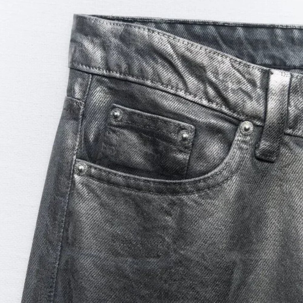 NWT ZARA MID WAIST STRAIGHT LEG FOIL JEANS BLACK - Picture 4 of 6